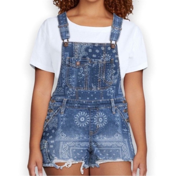Festival Blue White Denim Bandana Overall Shortalls Size M 7-9 Americana - Picture 11 of 14